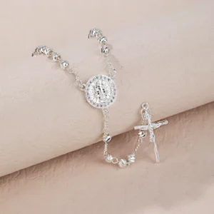 RENSINO Virgen De Guadalupe Necklace with Zircon Plated Christian Jesus Rosary Beads Cross Pendant Religious Style Gift