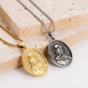 RENSINO Virgin Mary Amulet Medal Religious Christian Catholic Stainless Steel Pendant Necklace