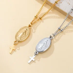 RENSINO Virgin Mary Cross Necklace Religious Pray Blessing Catholic Baptism Christmas Gifts Stainless Steel Jewelry