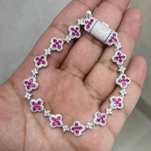 RENSINO Vvs Moissanite with Red Zircon 8mm Flowers Street Luxury Hip Hop Bracelet 925 Sterling Silver Bracelet