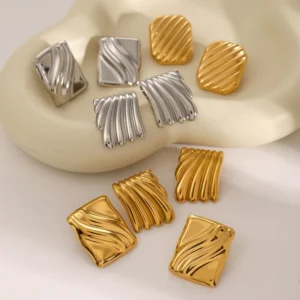 RENSINO WATERPROOF Anti Allergy Large Earrings Stainless Steel 18k Gold Plated Tarnish Free Chunky Hammer Geometry Stud Earrings