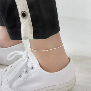 RENSINO WMST060 Dainty Delicate Silver Anklet Bracelet Solid 925 Sterling Silver Simple Bead Chain Anklet
