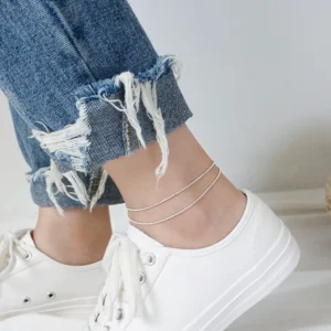 RENSINO WMYH611 Simple Round Beads Chain Anklet Double Layer Solid 925 Sterling Silver 1.5mm Bead Chain Anklets
