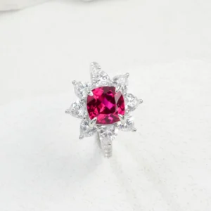 RENSINO Wangfu Jewelry Lab Grown Ruby 925 Sterling Silver Classic Women’s Ring Pave Setting Resizable Gold Plated Wedding Party