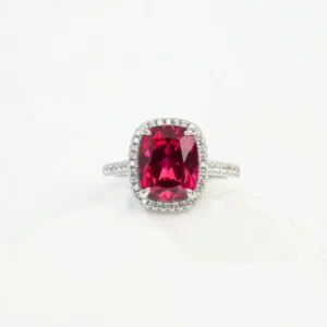 RENSINO Wangfu Jewelry Lab Grown Ruby Vintage Square Diamond Pave Setting Engagement Stackable Silver Rhodium Plated Cushion Cut Ring