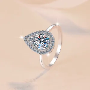 RENSINO Water Drop Shape S925 Sterling Silver 1Carat Round Cut VVS1 Moissanite Wedding Engagement Ring for Women