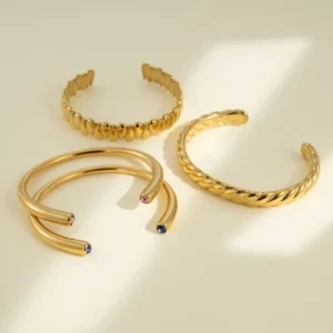 RENSINO Waterproof 18K Gold Plated Stainless Steel Twisted Rope Cuff Bracelet Non tarnish Multi layer Stackable Open Bangle Jewelry