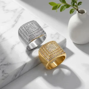 RENSINO Waterproof Anti Non Tarnish Stainless Steel Pvd Gold Plated Hip Hop Party Iced Out Zirconia Signet square for Men Ring