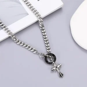 RENSINO Waterproof Anti Rust Christian Silver Hip Hop Pendant Stainless Steel Cross Necklace For Men