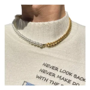 RENSINO Waterproof Jewelry Custom High Quality Men Jewelry Stainless Steel Gold Plated Non Tarnish Imitation Freshwater Pearl Necklace