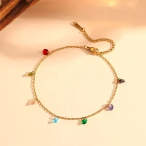 RENSINO Waterproof Stainless Steel 18K Gold Plated Anklet with Colorful Diamond Accents