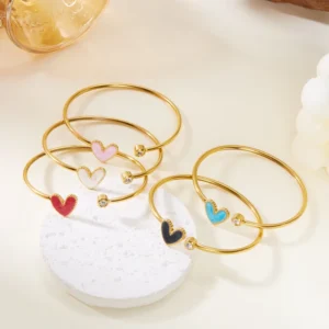 RENSINO Waterproof Stainless Steel Jewelry Enamel Color Love Heart Shape Gold Plated Crystal Zircon Fashion Cuff Bangle