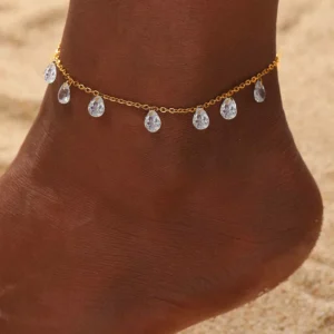 RENSINO Waterproof Stainless Steel Rainbow Multicolor Zircon Floating Crystal Beach Anklet Gold Plated Anklet Jewelry for Women
