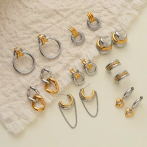 RENSINO Waterproof Two tone Irregular Lines Stainless Steel Earrings Fashion Daily Wear Accessories for Women Stackable Jewelry