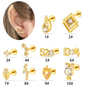 RENSINO Wedding Jewelry ASTM F136 Titanium Cartilage Earring CZ Strawberry Flower Flat Back Stud Earrings Tragus Helix Piercing