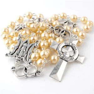 RENSINO Wedding Rosary with Silver-Tone Metal Crucifix 8mm Glass Pearl Rosary with Unity Rings Our Father Beads God Bless Our Marriage