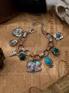 RENSINO Western Cowboy Turquoise Charm Bracelet Silver Tone Southwestern Themed Bracelets with Cactus Bull Skull Cowgirl Charms