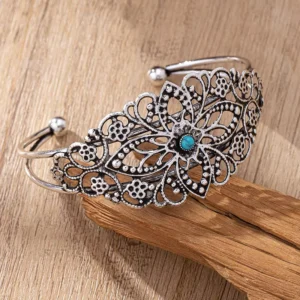 RENSINO Western Retro Style Jewelry Silver Plated Bangle for Women Party Accessories Hollow out Flowers Turquoise Inlay Cuff Bracelet