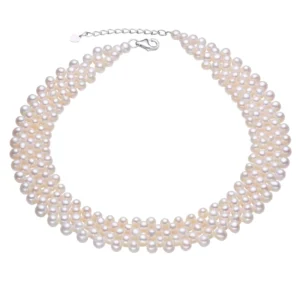 RENSINO Wide White Freshwater Cultured Pearl Gold Plated Necklace Adjustable Length Three Colors Choose Silver Buckle