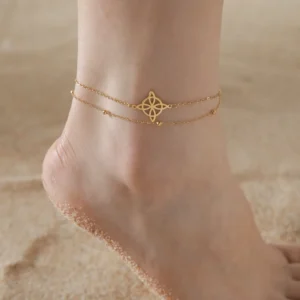 RENSINO Witch Knot Anklet Women Stainless Steel Double Layer Beads Chain Ankle Bracelet Witchcraft Jewelry Summer Accessories KAN485