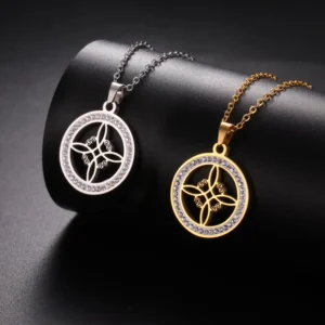 RENSINO Witchcraft Witch Knot Necklace Stainless Steel Clear Zircon Round Pendant Necklaces Amulet Wicca Jewelry Birthday Gift