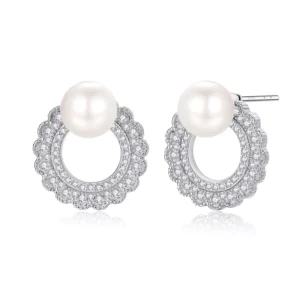 RENSINO Women 925 Sterling Silver Fashion Versatile Lace Miss Pearl Stud Earrings Design Sense