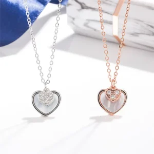 RENSINO Women 925 Sterling Silver Zircon Shell Paved Double Heart Pendant Necklace