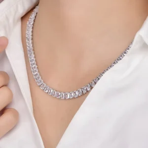 RENSINO Women Baguette Diamond Necklace Jewelry Rhodium Plated Zircon Stone Choker Tennis Chain Necklace