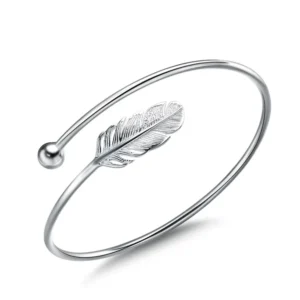 RENSINO Women Bracelet Vintage Style 925 Sterling Silver Adjustable Leaf Feather Bangle