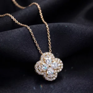 RENSINO Women Classic 925 Sterling Silver Gold Plated 3mm 0.10ct Moissanite Lucky Four Leaf Clover Pendant Necklace