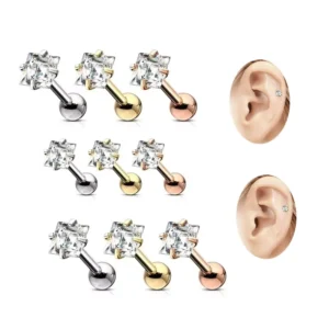 RENSINO Women Earrings Stainless Steel New Trendy Helix Piercing Square Zircon Tragus Cartilage Ear Stud Ring Fashion Body Jewelry
