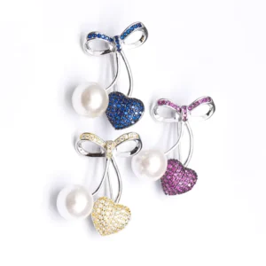 RENSINO Women Elegant Zircon Charm Bow Design Pearl Cherry Brooch 925 Sterling Silver Heart Shape Brooch