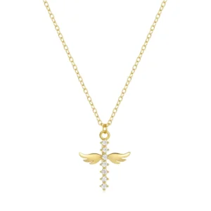 RENSINO Women Fine Jewelry New Design Gold Plated Angel Wings Cross Pendant Necklace 925 Sterling Silver Zircon Jewelry