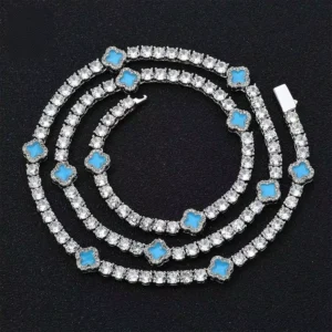 RENSINO Women Gift Jewelry Tennis Chain Silver Plated Multicolor Four-leaf Clover Iced Out Diamond Hip Hop Tennis Chain Necklace