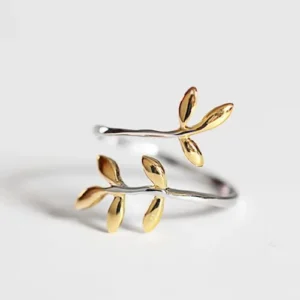 RENSINO Women Gold New Style Leaves Silver Ring Opening Rings Korean Jewelry
