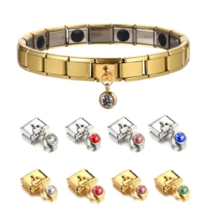 RENSINO Women Golden Silver Italian Charm Bracelet Dazzling CZ Link Fit 9mm Stainless Steel DIY Gifts