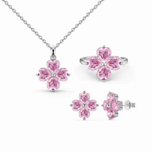 RENSINO Women Heart Pink Zircon Wedding Jewelry Set 925 Silver Flower Shape Charm Necklace Ring Stud Earrings Jewelry