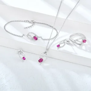 RENSINO Women Luxury Fine Jewelry Four Pieces Sets Oval Cut Ruby Rhinestone 925 Sterling Silver Jewelry Sets