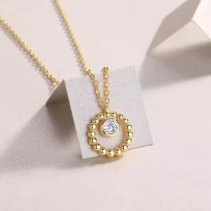 RENSINO Women Round Moissanite Pendant Necklace Fine Jewelry 925 Sterling Silver Necklace Gold Plated