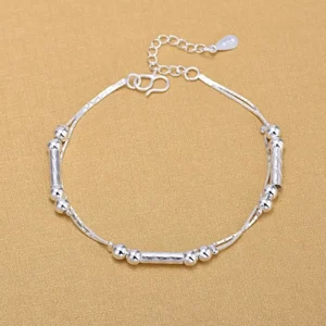 RENSINO Women Silver Color Round Tube Beads Link Chain Women Silver Bracelets