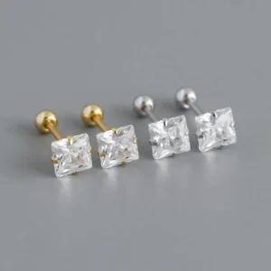 RENSINO Women Sterling Silver Jewelry S925 Square Zircon Screw Stud Earrings Sterling Silver Minimalist Stud Earrings