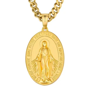 RENSINO Women Trendy Geometric Virgin Mary Charm Vintage 18K Gold Plated 20mm Religious Coin Stainless Steel Link Chain Pendant Necklace