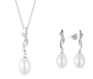 RENSINO Women Wedding Bridal Fine Jewelry 925 Silver Cubic Zirconia Freshwater Pearl Earring Necklaces Traditional Wedding Set