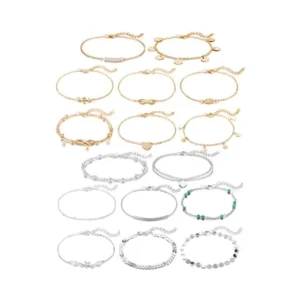RENSINO Women’s 16pcs Bohemian Anklet Bracelet Set Gold Plated Adjustable Size Alloy