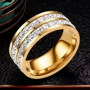 RENSINO Women’s 18K Two-Row Diamond Ring Fashionable Zircon Waterproof Stainless Steel Punk Style Engagement Party Christian