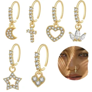 RENSINO Women’s 20G Moon CZ Dangle Nose Rings Hoops Gold Plated Brass Jewelry with Zircon Claw Setting Inlay for Weddings and Gifts