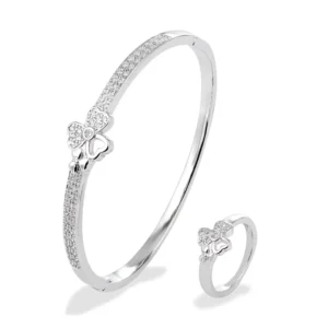 RENSINO Women’s 24K Gold Brass Jewelry Set Cubic Zirconia Heart Shaped Petal Bracelet Ring Bangle for Engagement Wedding Party Gift