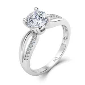 RENSINO Women’s 925 Silver D VVS Moissanite Round Cut Split Band Promise Engagement Ring Rhodium Plated Nickel Free GRA Certified