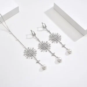 RENSINO Women’s 925 Silver Zircon Wedding Jewelry Set Snowflake Tassel Pearl Earring Necklace Sunflowers