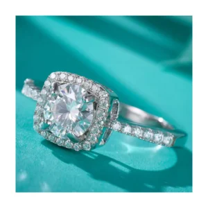 RENSINO Women’s 925 Sterling Silver Four Claw Round Wrapped Moissanite Diamond Wedding Engagement Ring Chic Heart Pattern Fine Jewelry
